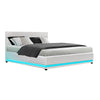 Artiss Lumi LED Bed Frame PU Leather Gas Lift Storage - White Queen