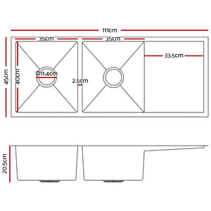 Cefito 111cm x 45cm Stainless Steel Kitchen Sink Under/Top/Flush Mount Silver