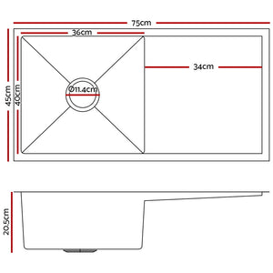 Cefito 75cm x 45cm Stainless Steel Kitchen Sink Under/Top/Flush Mount Black